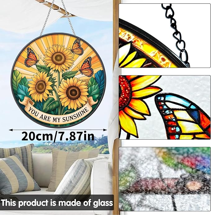 VAIIEYO Sunflower Sun Catcher Stained Glass Window Hanging Ornament, Handmade Sun Catcher Flower Decoration with Hooks for Window Garden Home, Mother's Day & Birthday Housewarming Gift (7.8 inch)