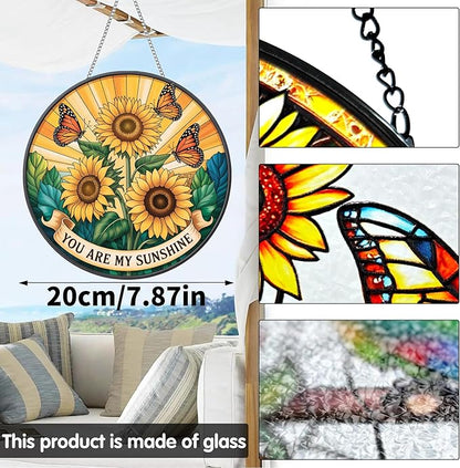 VAIIEYO Sunflower Sun Catcher Stained Glass Window Hanging Ornament, Handmade Sun Catcher Flower Decoration with Hooks for Window Garden Home, Mother's Day & Birthday Housewarming Gift (7.8 inch)
