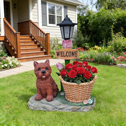 20" Solar Cairn Terrier Garden Statue with Welcome Sign & Planter - Large Dog Sculpture with LED Street Lantern - Weatherproof Resin Decorative Flower Pot for Porch, Yard & Patio - Pet Lover Gift