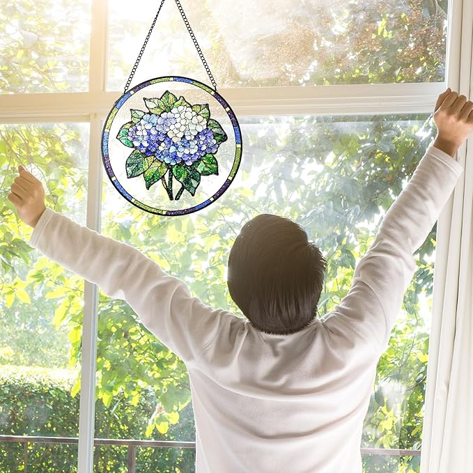 Stained Glass Suncatchers Window Hanging, Hydrangea Sun Catchers Indoor Window Stained Glass Hanging Garden Decor, Birthday Gifts for Mom Grandma Aunt Sister Bestie 7.8 in