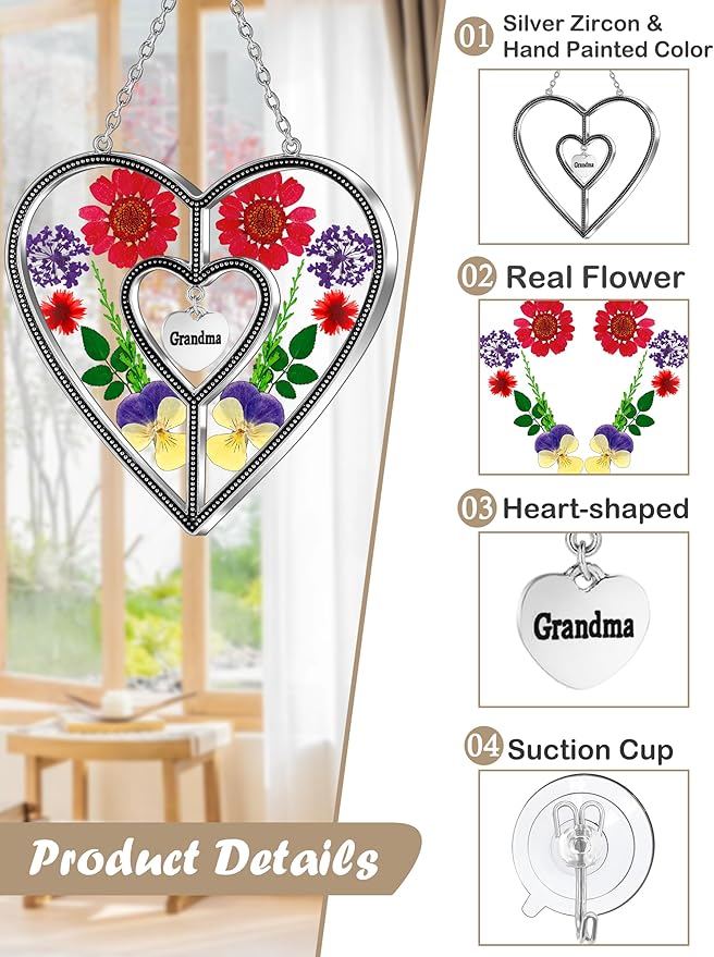KY&BOSAM Grandma Heart Suncatcher Grandma Gifts Staiend Glass Wind Chimes for Outside Pressed Flower Colorful Heart Suncatchers Outdoor for Garden Windows Indoor Home Trees Patio Yard Porch Decor