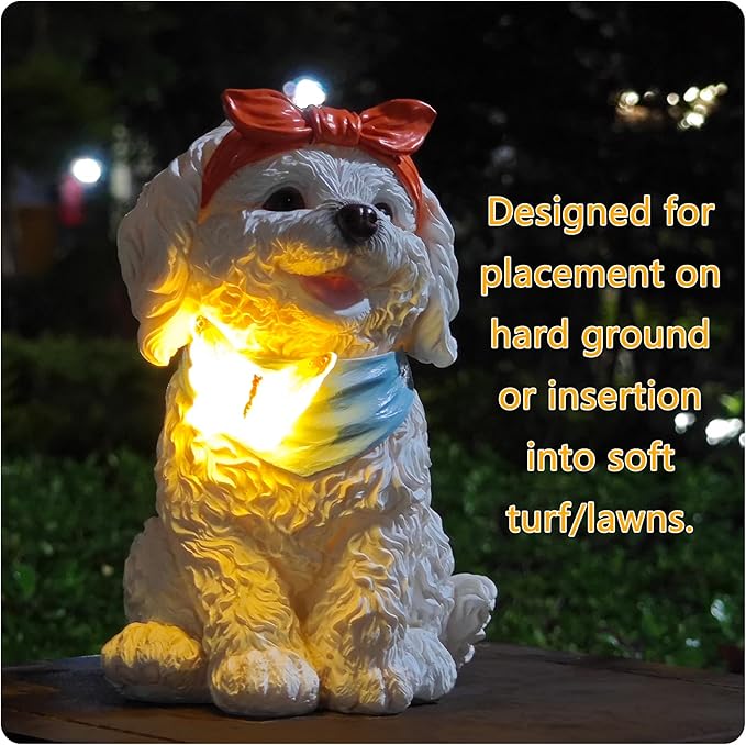 Solar Garden Poodle Statue, Detachable Ground Stake, White Resin Puppy with LED Butterfly and Blue Scarf, Waterproof Yard Decor for Patio, Lawn, Porch, Pathway, and Gift Giving