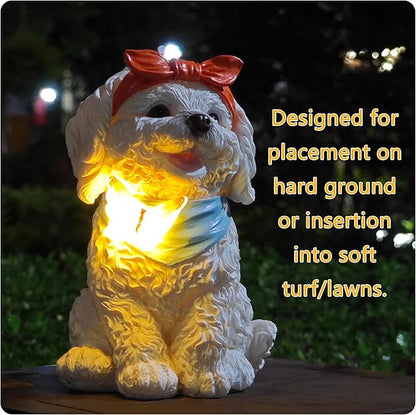 Solar Garden Poodle Statue, Detachable Ground Stake, White Resin Puppy with LED Butterfly and Blue Scarf, Waterproof Yard Decor for Patio, Lawn, Porch, Pathway, and Gift Giving