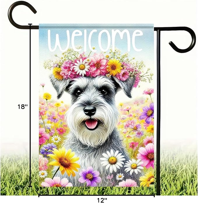 BlissYard Welcome Spring Summer Garden Flag 12 X18 Inch Double Sided FlowersDog Schnauzer Decorative Garden Flag Puppy Floral Seasonal Home Decor Banner for Oursid Outdoor Spring Garden Decor