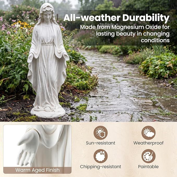 Giantex Virgin Mary Garden Statue 29.5", Blessed Mother Outdoor Religious Statue with Serpent, Weather-Resistant MgO Catholic Yard Decor for Lawn, Patio, Prayer Garden & Memorial, Distressed Ivory