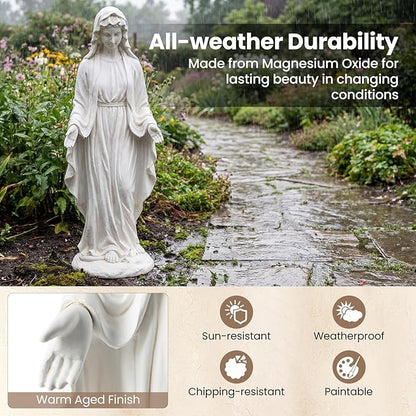Giantex Virgin Mary Garden Statue 29.5", Blessed Mother Outdoor Religious Statue with Serpent, Weather-Resistant MgO Catholic Yard Decor for Lawn, Patio, Prayer Garden & Memorial, Distressed Ivory