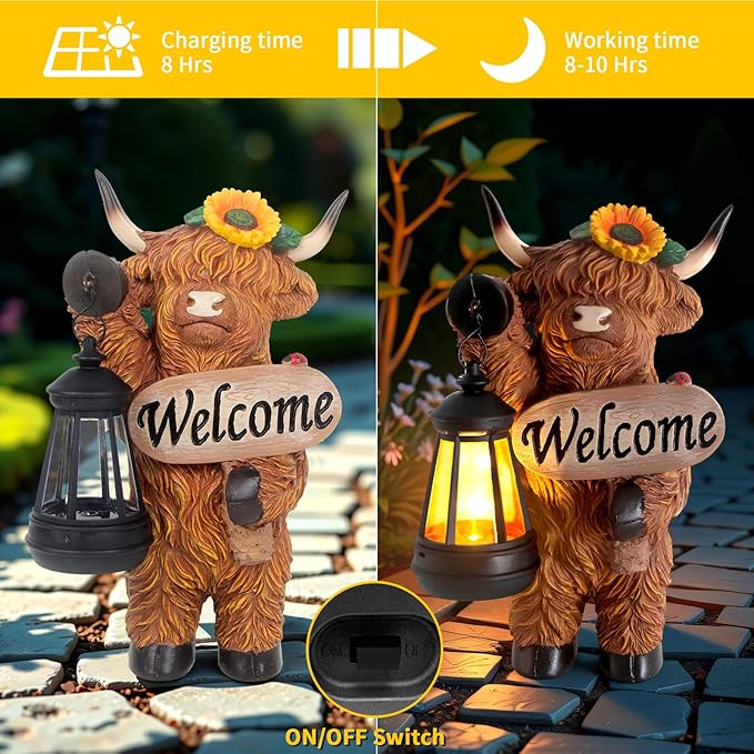 Garden Highland Cow Decor, Solar Outdoor Statue with Lantern Funny Highland Cow Figurine for Yard Garden Patio Lawn Ornaments - Unique Birthday Gifts for Mom, Women