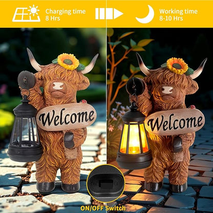 Garden Highland Cow Decor, Solar Outdoor Statue with Lantern Funny Highland Cow Figurine for Yard Garden Patio Lawn Ornaments - Unique Birthday Gifts for Mom, Women