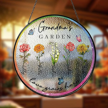 NAZENTI Custom Grandma's Garden Stained Glass Window Hanging, Gifts for Mother's Day, Grandma Gifts from Grandkids, Personalized Grandma Flower Garden Grandkids Names Sign