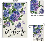 Welcome Spring Hydrangea Decorative Garden Flag, Purple Floral Flowers Butterfly Yard Outside Decorations, Summer Farmhouse Outdoor Small Home Decor Double Sided 12 x 18