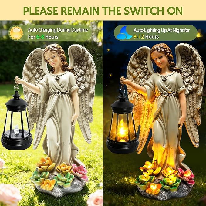 Solar Garden Statue Angel Figurine - Fairy Garden Angel Decor with Hanging Solar Lanterns and Succulent LED Lights for Balcony Patio Lawn Yard Ornaments, Mothers Day Gifts for Women Mom Grandma