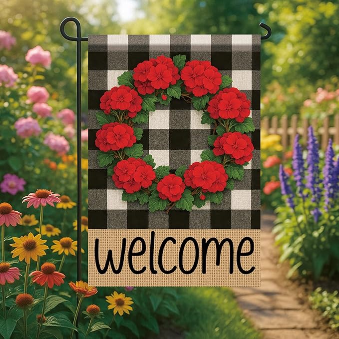Buffalo Plaid Welcome Wreath Garden Flag Red Geranium Flower Flag 12x 18 Inch Double Sided Spring Outdoor Fall Autumn Farmhouse Outdoor Small Decor for Porch Lawn Patio Yard