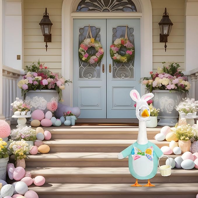 FuWeave Easter Bunny Goose Outfit Easter Egg Porch Goose Costume for Cement Plastic Geese Statue Spring Outdoor Garden Yard Patio Decoration(Light Blue,23 Inches,Cute Bunny)