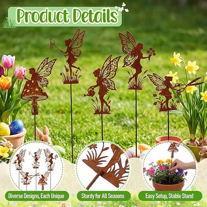 Novabright 5 Pcs Decorative Garden Stakes Metal Fairy Silhouette Set Stakes Outdoor Yard Art Decor Fairy Garden Sign for Lawn Flower Bed Planter Pot Landscaping(Rust)