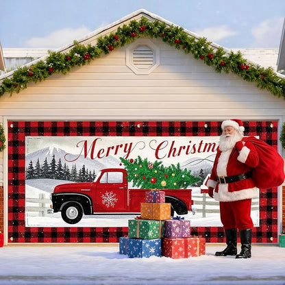 IVN Vintage Red Truck Christmas Tree Mountain Scene Garage door banner Door Cover Indoor And Outdoor Studio Background Hanging Decoration 13x6ft