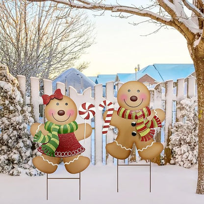 Outdoor Christmas Decorations,27" H Large Gingerbread Boy and Girl Metal Yard Stakes,Set of 2, Rustic Winter Signs for Lawn Garden,Patio, Pathway & Front Yard,Farmhouse Porch Outside