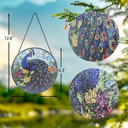 Stained Glass Sun Catcher,Blue Peacock Glass Window Hanging Garden Decor,Sun Catchers Indoor Window,Whimsical Decoration for Home Backyard Patio Lawn Porch with 6.3 INCH
