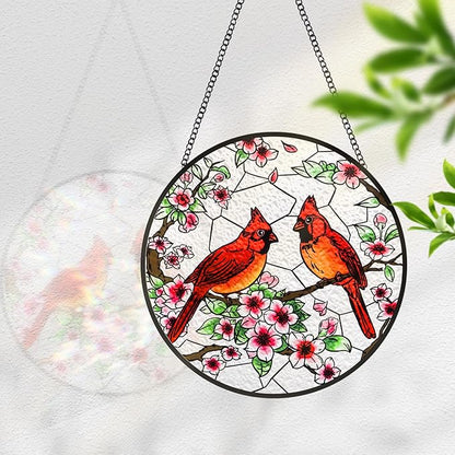Stained Glass Window Hanging, Cardinal Sun Catchers Colorful Glass Panel Bird Suncatcher Indoor Window Wall Art Home Decor Gift for Birthday Christmas, for Women,Men,Wife, Lovers, and Mom 7.8 in