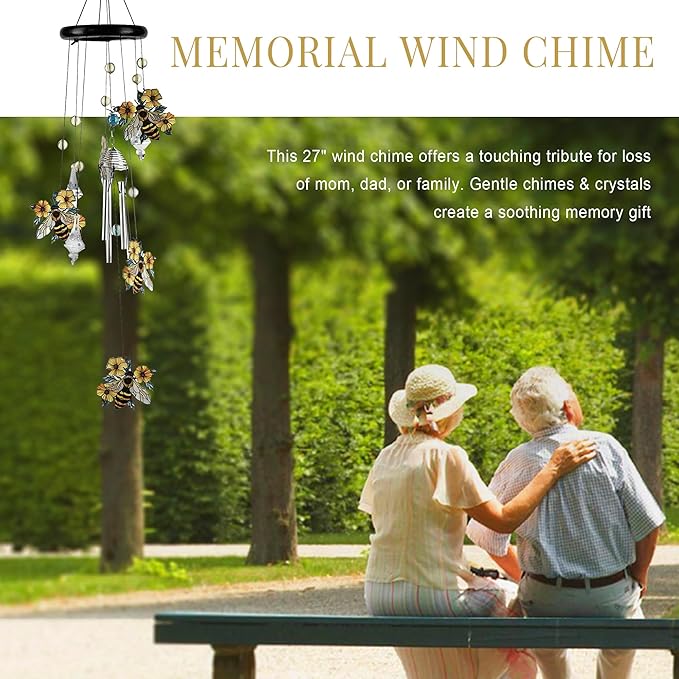 HDCRYSTALGIFTS 27'' Bees Flowers Wind Chimes for Outside Memorial Gifts for Loss of Loved One Mom Dad, Sympathy Chimes Outdoor Garden Patio Home Decor