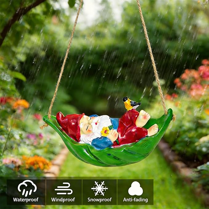Garden Gnome Outdoor Statues for Garden Decor, Gnome Bird Flowers Resin Hanging Decorations Tree Ornaments Figurines for Outside Backyard Art Decor