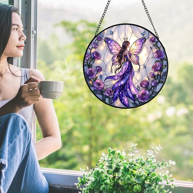 Fairy Stained Glass Suncather for Window Hanging with Butterfly Wing, 7.9'' Purple Fairy Ornament Gift for Women, Whimsical Wall Art Home Decor Gifts for Mom, Grandma (Purple Fairy, 7.9'')