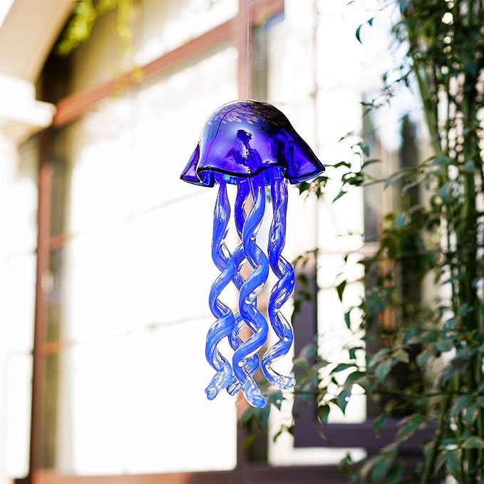20Inch Art Blown Glass Jellyfish Wind Chime,Handmade Glass Jellyfish Hanging Sun Catcher Wind Chime,Wind Chimes for Outdoor,Animal Glass Blown Wind Chimes for Garden Yard Wedding Decor(Royal Blue)