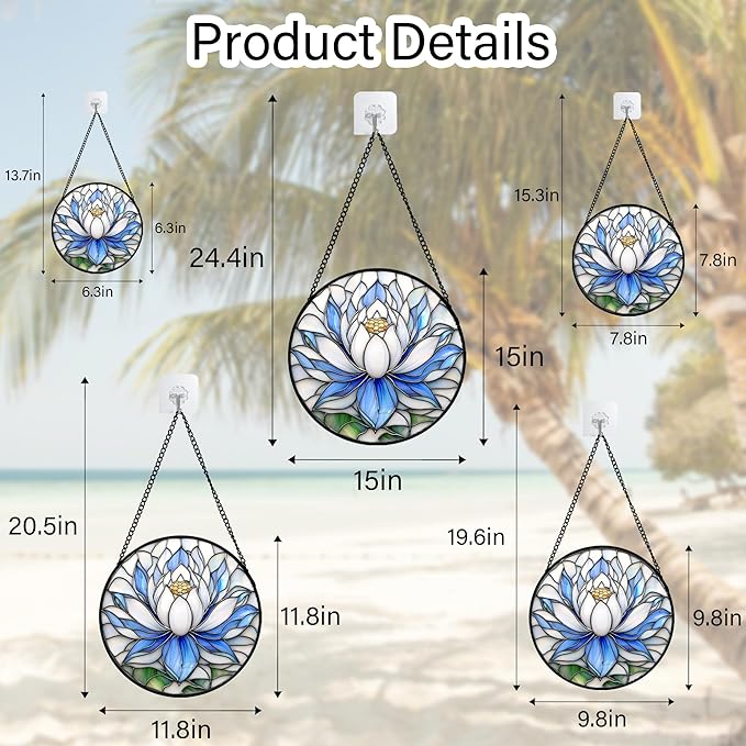 Stained Glass Window Hanging - Blue and White Lotus Petal Suncatcher for Doors Window Home Sun Catchers Decor Christmas Mother's Day July Birthday Gifts for Teacher Women Men Mom Nana 7.8 in