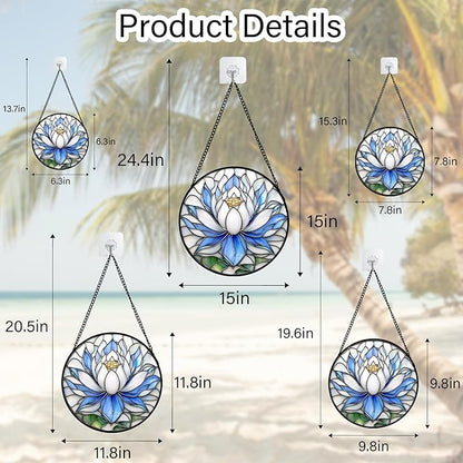 Stained Glass Window Hanging - Blue and White Lotus Petal Suncatcher for Doors Window Home Sun Catchers Decor Christmas Mother's Day July Birthday Gifts for Teacher Women Men Mom Nana 6.3 in