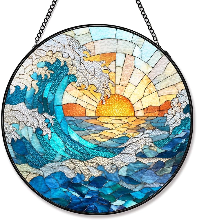 Stained Glass Sun Catcher Window Hanging - Blue Wave and Sunlight Design, Well Made Indoor Home Decor for Mother's Day, Birthday, Christmas for Women, Men, Mom (Blue Wave) 7.8in