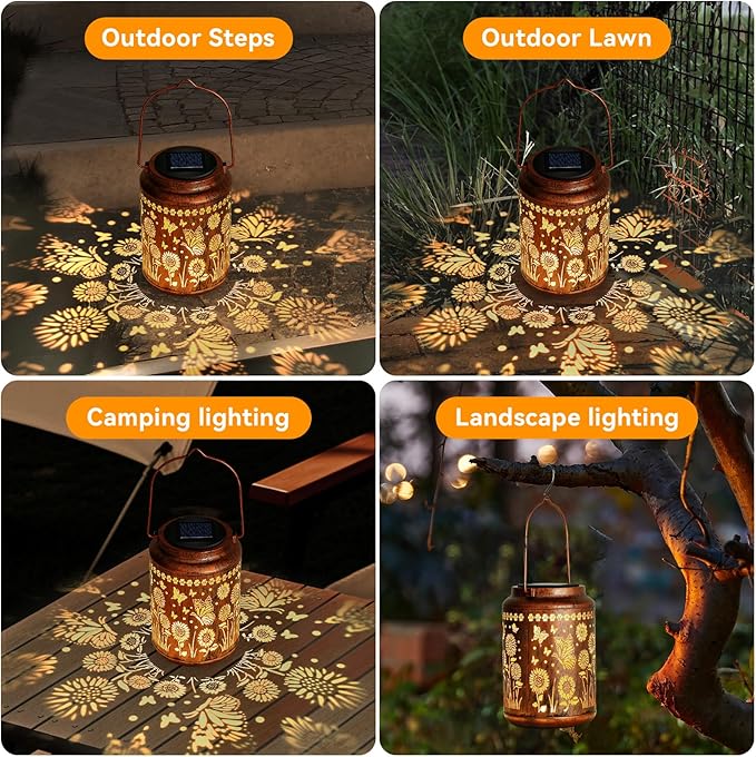 Sunflower Solar Lanterns Outdoor,Butterfly Gifts Metal Hanging Lights,Waterproof LED Solar Lights for Garden,Yard,Patio Pathway Lawn Decor,Birthday Gifts for Women,Mom-with S-Hook