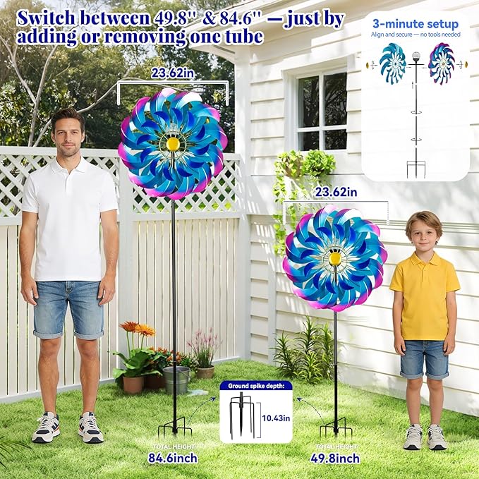 Solar Wind Spinners Outdoor, Metal Large Garden 24" Windmill with Solar Light, 7 Color LED, Wind Sculpture for Yard & Lawn, 5 Legs Ground Stake, 84.6" to 49.8" Height, Large Wind Spinner