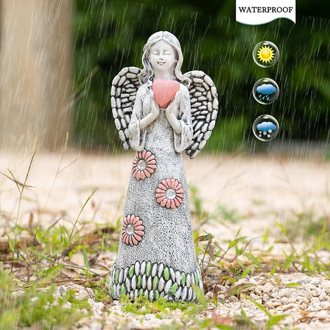 Rezpuao Solar Angel Statue - Garden Sculpture with Resin Decor for Patio, Lawn, Yard, Porch - Housewarming Gift, 10.03"