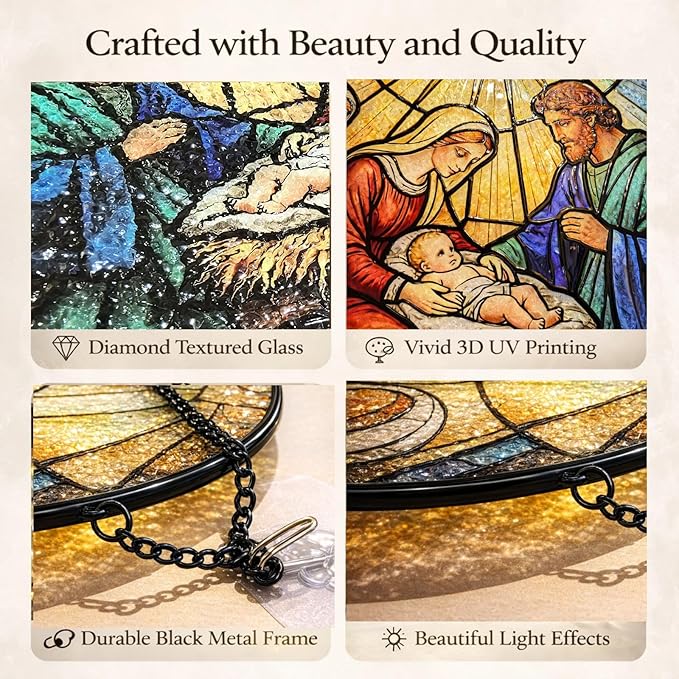 Holy Family Nativity Suncatcher Window Hanging, 7.8" Stained Glass Religious Gift for Mom, Grandma and Friends, Christmas Faith Decor for Window, Prayer Room, Sunroom and Office