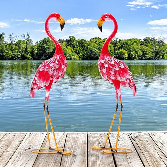 Giantex Flamingo Garden Statues Set of 2, Standing Metal Flamingo Sculptures Bird Ornament Yard Decorations for Lawn Backyard Porch Patio Outdoor Decor, with 4 U-Shaped Stakes (Flamingo)