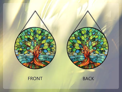 Stained Glass Window Hangings, Tree of Life with Hummingbird Suncatchers for Window, Treasured Gift for Mom, Grandma, Family and Friends (Green, 6.7x6.7 in)