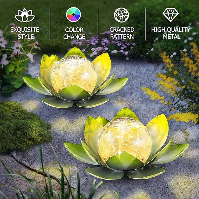 AIINY Garden Solar Light Outdoor(2Pack),Crackle Globe Glass Lotus Decoration, Waterproof Metal LED Flower Lights for Patio,Lawn,Walkway,Tabletop,Ground