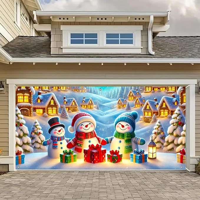 HOMETITUTE Christmas Garage Door Banner 13x6ft Snowman Family Winter Village Scene Holiday Backdrop Red Green Blue Gift Box Lantern Indoor Outdoor Wall Hanging Seasonal Porch Decoration Party