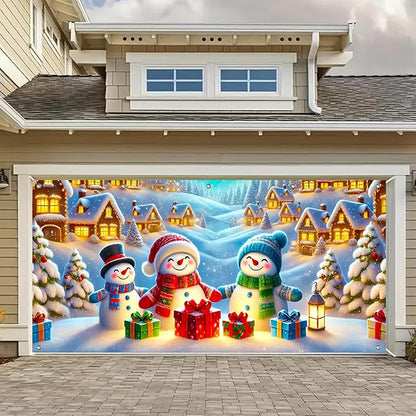 HOMETITUTE Christmas Garage Door Banner 13x6ft Snowman Family Winter Village Scene Holiday Backdrop Red Green Blue Gift Box Lantern Indoor Outdoor Wall Hanging Seasonal Porch Decoration Party