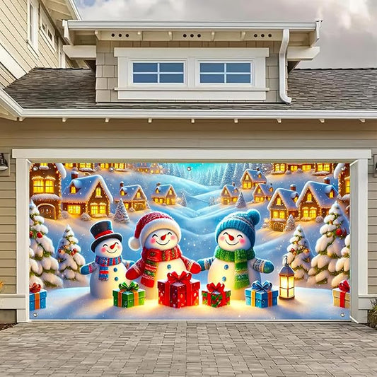 HOMETITUTE Christmas Garage Door Banner 13x6ft Snowman Family Winter Village Scene Holiday Backdrop Red Green Blue Gift Box Lantern Indoor Outdoor Wall Hanging Seasonal Porch Decoration Party