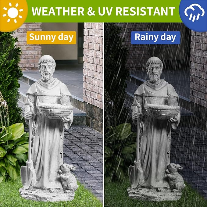 BESBLEE St Francis 28.7Inch Tall Large Garden Outdoor Religious Statue and Sculptures for Home Decor Birdfeeder All Season Yard Patio Lawn Hallway Sculpture Magnesium Oxide Stone