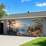 ANNA QUEEN Mountain Lake Sunset Garage Door Banner 6 x 13FT, Scenic Lake, Forest, and Snowy Mountains Sunset, Nature Landscape Backdrop for Yard, Parties, Holiday Home Decor