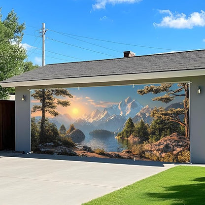 ANNA QUEEN Mountain Lake Sunset Garage Door Banner 6 x 13FT, Scenic Lake, Forest, and Snowy Mountains Sunset, Nature Landscape Backdrop for Yard, Parties, Holiday Home Decor