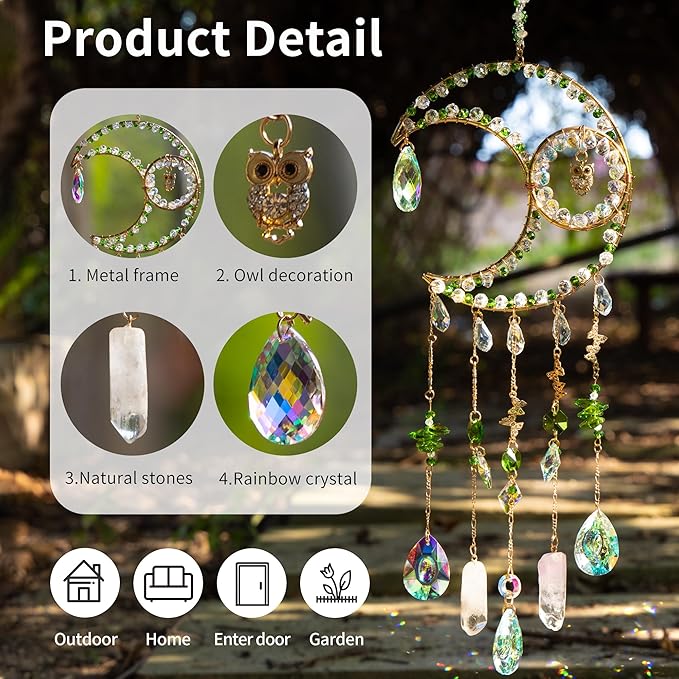 Sun Catcher Rainbow Maker with Moon Shape Natural Green Stones and Various Crystal Shapes Unique Crystal Decoration for Home or as a Gift Stunning Light Refraction and Colorful Display