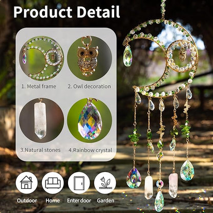 Sun Catcher Rainbow Maker with Moon Shape Natural Green Stones and Various Crystal Shapes Unique Crystal Decoration for Home or as a Gift Stunning Light Refraction and Colorful Display