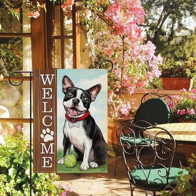 Dyrenson Welcome Boston Terrier Dog Decorative Garden Flag, Spring Summer Paw Prints Tennis Yard Outside Home Decorations Pet Lover Gift, Farmhouse Burlap Outdoor Small Decor Double Sided 12 x 18