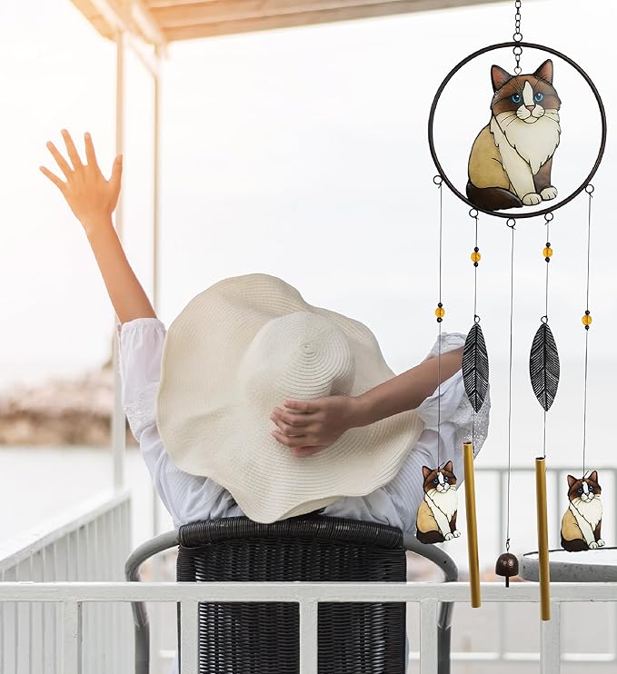 CoTa Global Ragdoll Cat Wind Chime - Handmade Metal and Glass Hanging Decor, Cream and Brown Cat Garden Ornament with Gold Tubes and Feather Accents, Indoor Outdoor or Yard Decoration - 35 Inches