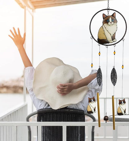 CoTa Global Ragdoll Cat Wind Chime - Handmade Metal and Glass Hanging Decor, Cream and Brown Cat Garden Ornament with Gold Tubes and Feather Accents, Indoor Outdoor or Yard Decoration - 35 Inches