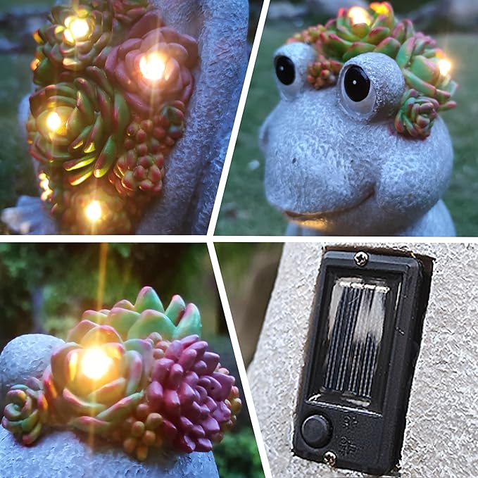 Solar Frog Garden Outdoor Statue with 8 LED Lights Mom Gifts Home Decorations,Fairy Garden Solar Figurines Lights, Resin Frog Decor Art Housewarming Gift for Patio,Yard,Lawn Ornament