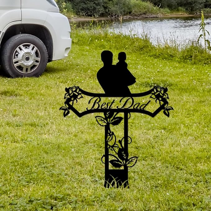 Rustic Metal Cross Memorial Stake, Mom Dad Grave Site Decorations Artificial Flowers for Cemetery, Ideal for Yard, Garden, Lawn & Tombstone, Cemetery Decorations for Grave (Dad)