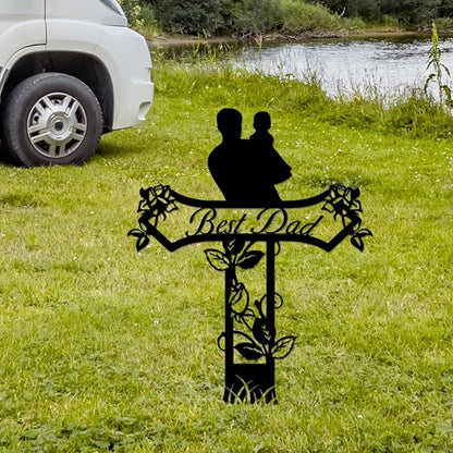 Rustic Metal Cross Memorial Stake, Mom Dad Grave Site Decorations Artificial Flowers for Cemetery, Ideal for Yard, Garden, Lawn & Tombstone, Cemetery Decorations for Grave (Dad)